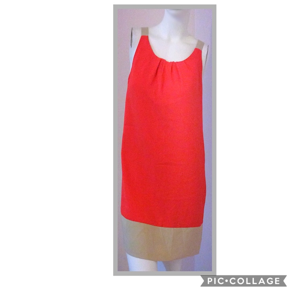 ALFRED SUNG Vibrant Red and Tan Midi Dress